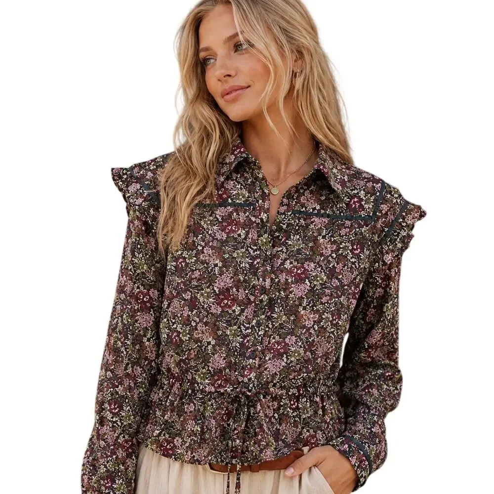Free People Daybreak Top Womens Small Moody Floral Boho Ruffled Blouse